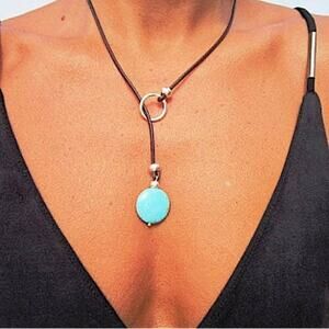 Boho Turquoise Y Lariat Necklace, Leather Bohemian, Tribal, Hippy